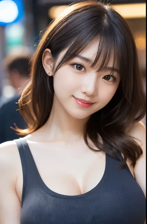 (masterpiece:1.2,Highest quality),Blur the background,One College Girl,((Tank top)),(Big Breasts),((Gravure pose)),Wavy Hair,((Beautiful Eyes)),Blushed Cheeks,Healthy Skin,Observe the audience,(smile),(Shinjuku Date),8K resolution