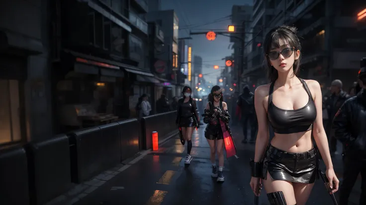 8k, Realistic Skin Texture, Realistic Photo, Neo Tokyo, slim Japanese women, large-breast:1.3 cleavage:1.2, AD2050 at night, Dirty hunting jacket, Wearing tube top, miniskirt, (((black sunglasses, automatic rifle, sneakers, cold, shooting pose, low angle v...