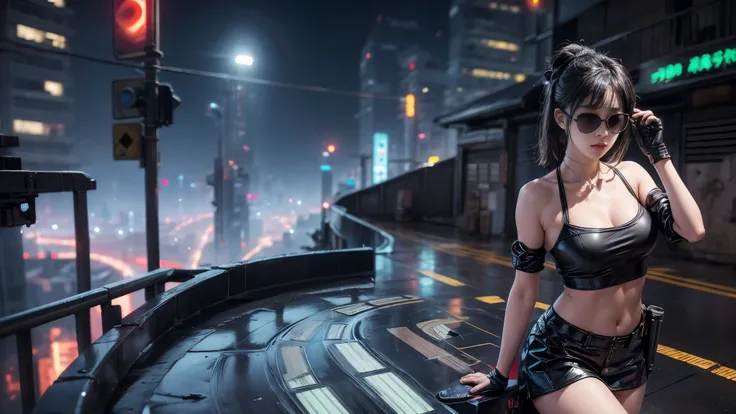 8k, Realistic Skin Texture, Realistic Photo, Neo Tokyo, slim Japanese women, large-breast:1.3 cleavage:1.2, AD2050 at night, Dirty hunting jacket, Wearing tube top, miniskirt, (((black sunglasses, automatic rifle, sneakers, cold, shooting pose, low angle v...