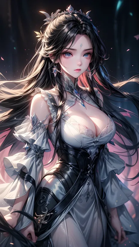 Beautiful semi-three-dimensional style，((Enchanting royal sister))，Oversized upper body，Clothing glows fluorescence，masterpiece，(Best quality)，Warm and cold coordination，，(Extremely detailed CG unity 8kwallpaper)，blue eyes，Delicate eyes）（Messy hair），Colore...