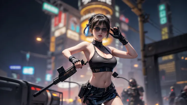 8k, Realistic Skin Texture, Realistic Photo, Neo Tokyo, slim Japanese women, large-breast:1.3 cleavage:1.2, AD2050 at night, Dirty hunting jacket, Wearing tube top, miniskirt, (((black sunglasses, automatic rifle, sneakers, cold, shooting pose, low angle v...