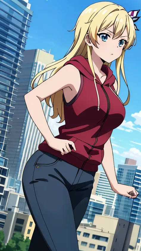 (masterpiece, best quality, 8k:1.2), (anime), sena, long hair, hair ornament, glamour, Large medium breasts, (hoodie, sleeveless, pants, city), dynamic angle