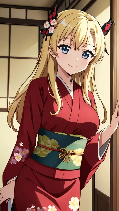 (masterpiece, best quality, 8k:1.2), (anime), sena, long hair, hair ornament, glamour, Large medium breasts, (Japanese clothing, red kimono, long sleeves, floral print, sash, indoors, smiling), dynamic angle