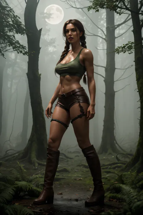 full body side view beauty sensual, sexy, bombshell, lara croft, long brown braided hair, brown eyes, high arched eyebrows, long, graceful neck, red lips, big breast, tight brown leather shorts, pale green sleeveless torn t-shirt, leather boots, abandoned ...