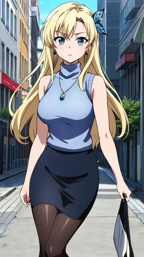 (masterpiece, best quality, 8k:1.2), (anime), sena, long hair, hair ornament, glamour, Large medium breasts, ((dark blue turtleneck sleeveless sweater), pencil skirt, city street, necklace, earrings, knee-high stockings), dynamic angle