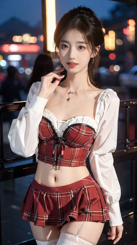 microskirt, thighhighs, red plaid skirt, red plaid corset, fishnets, short corset, midriff, statement sleeves, (1 Girl,Solitary), ((Big breasts)), expression, Clear face, Pretty Face, outdoor, Random scenes, Random shooting angles, 8K, masterpiece, origina...