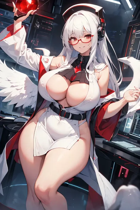 masterpiece , best quality , 1 sexy girl , (1 goose:1.2) , lab coat, doctors white robe , (covered nipples:0.9) , (gigantic tits:1.2) , (thick arm:1.1) , thick thigh , gigantic hip , (white hair:1.1) , (plump:1.1) , surrounded by sci-fi machinery and monit...