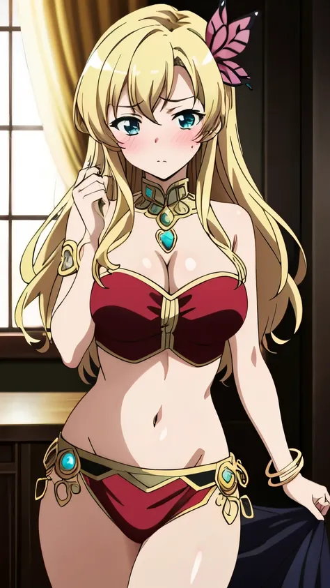 (masterpiece, best quality, 8k:1.2), (anime), sena, long hair, Blonde, hair ornament, glamour, Large medium breasts, (primrose, jewelry, revealing clothes, navel, blush), dynamic angle