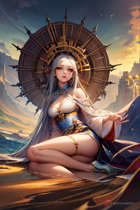 There is a woman sitting on the beach, Queen of the Sea Mu Yanling, Beautiful digital art, Highly detailed digital art in 4K, Beautiful Fantasy Empress, 8k high quality detailed art, Fantasy Beautiful, Jan J, Beautiful and gorgeous digital art, Gwaiz, artw...