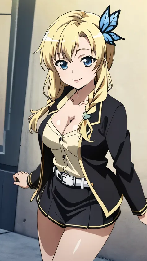 (masterpiece, best quality, 8k:1.2), (anime), sena, long hair, Blonde, hair ornament, glamour, Large medium breasts, (Braids, White haori, Long sleeves, Black mini skirt, Black jacket, Cleavage, Belt, Smiling face), dynamic angle