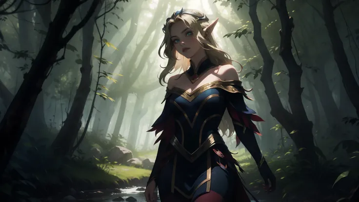 "Elf with a captivating look, unearthly beauty, flowing golden hair, pointed ears, dressed in elaborate elven attire, surrounded by a mystical forest, soft sunlight, breaking through lush greenery."