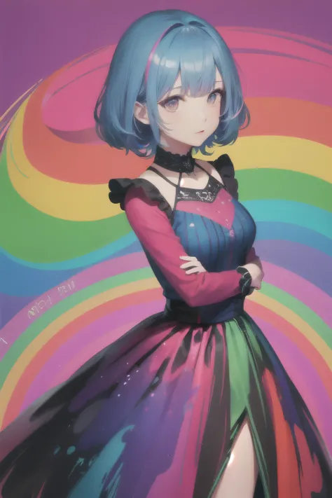 A woman with rainbow-color hair and a rainbow-color dress is standing in front of a psychedelic-color background