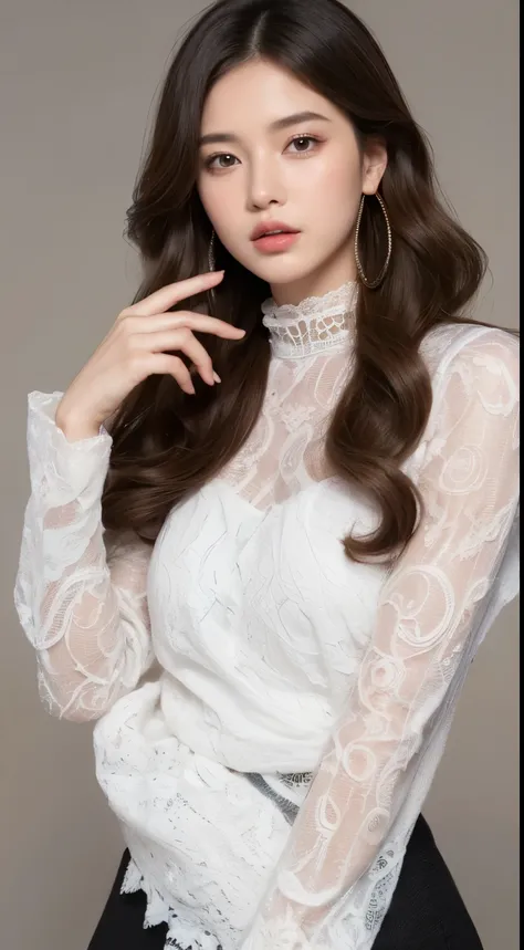 ((top quality、8K、super masterpiece:1.3))ultra high definition、Real Skin、marble background、Full body description 1.3、1 girl、glamor beautiful woman:1.3、(Light brown long curly hair、busty:1.2)、sexy look、big eyes、long sleeve black lace high neck shirt:1.1、over...