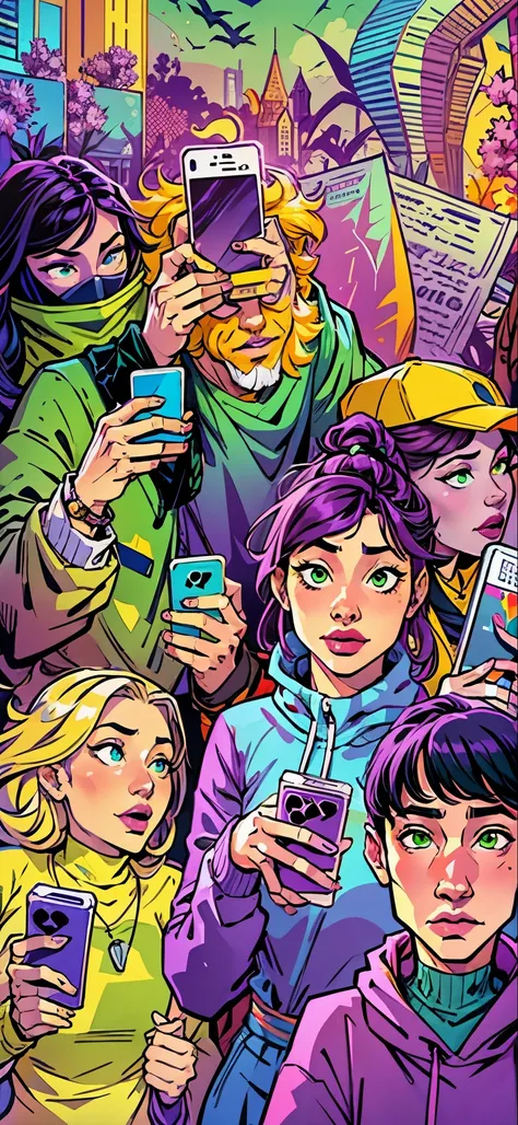 Create an eye-catching and creative thumbnail image featuring several individuals ignoring their smartphones. Each person should be dressed in distinct, vibrant colors (such as purple, green, yellow, and blue) to highlight their unique personalities. They ...