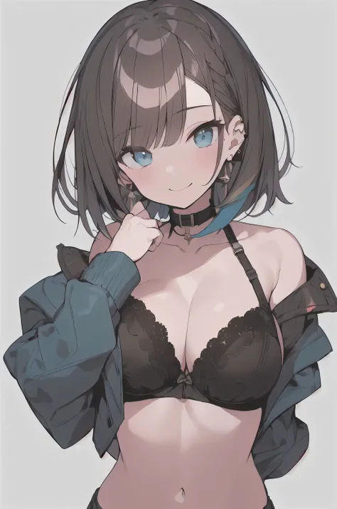 (best quality), (Super detailed), (Best Illustration), (masterpiece), score_9, score_8_up, score_7_up, (8k), (1woman), (black bra:1.2), (large breasts), {brown hair, (sideburns), (bob cut:1.3), curly hair, hairs between eyes, colored inner hair}, {(detaile...