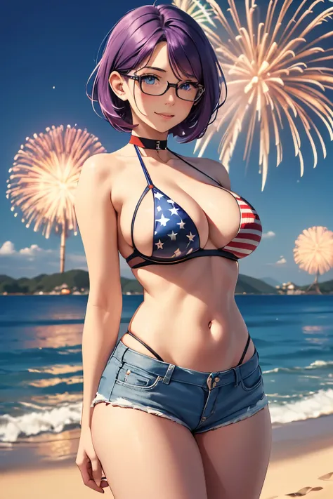 Beautiful young teenager, 1girl, purple hair, blue eyes, extremely short hair, freckles on face, happy, smiling, blushing, thin frame eyeglasses, thick lips, full lips, huge breasts, extreme cleavage, deep cleavage, very thin body, American Flag bikini top...