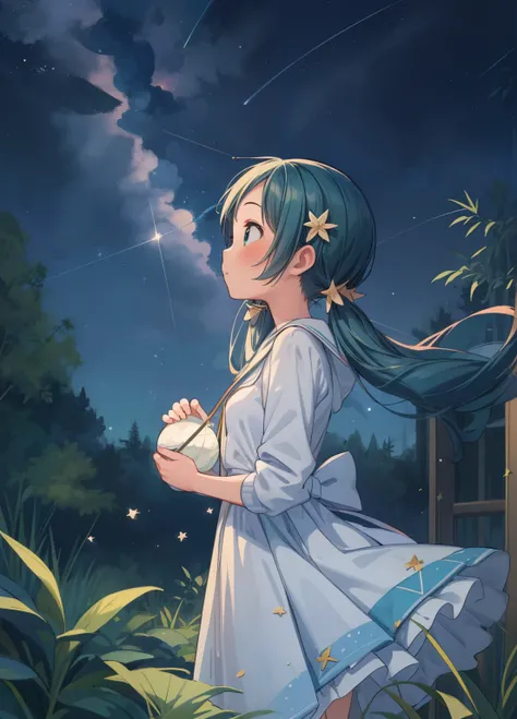 (masterpiece、Highest quality、Highest quality、Official Art、Beautiful and beautiful:1.2)、(One girl:1.3)Hatsune Miku、Twin tails,Beautiful breasts,Starry Sky、milky way、Tanabata、Orihime、Altair、Deneb、altair、Vega、Summer Great Triangle、Looking up at the night sky、...