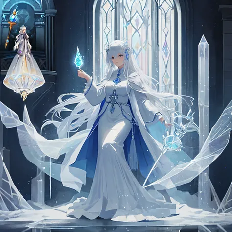 Woman wearing a white dress holding a cane and a glass, white haired god, ice wizard, ice wizard, jellyfish priestess, Magic wand, Archmage, mysterious art style, hall, Epic Wizard Girl Character, priestess, Masterpiece Goddess of Sorrow, holding a hall, a...