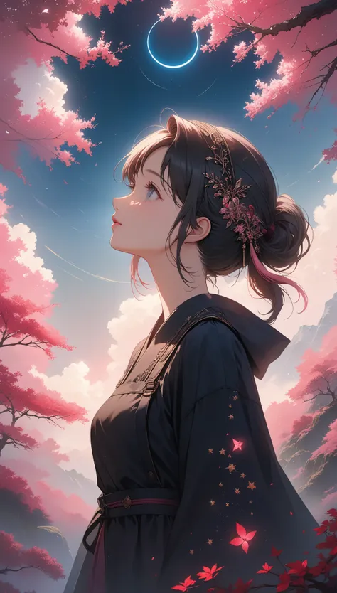 quality(8, very fine, very fine, cg masterpiece wallpaper, high resolution,top-quality Surreal-quality-al texture skin, Increase the resolution, raw photos, maximum quality, very detailed,wallpaper), brew, circle image,Walking through the pink forest, long...