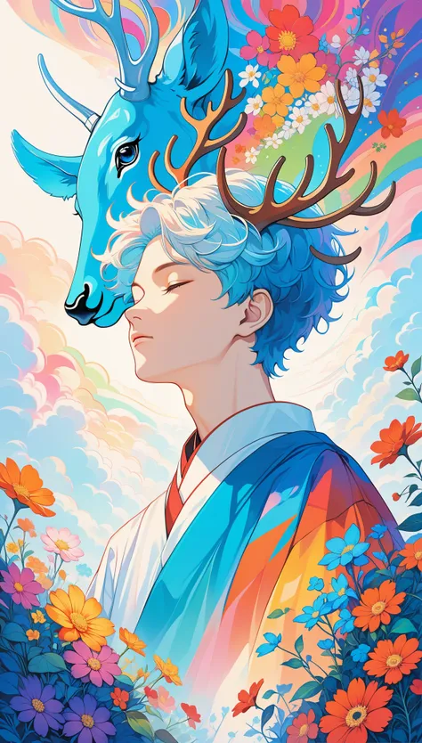 (psychedelic art:1.5),(view from below:1.2),boy,personification,big color block,white,blue,upper body,eyes closed,deer,there are...