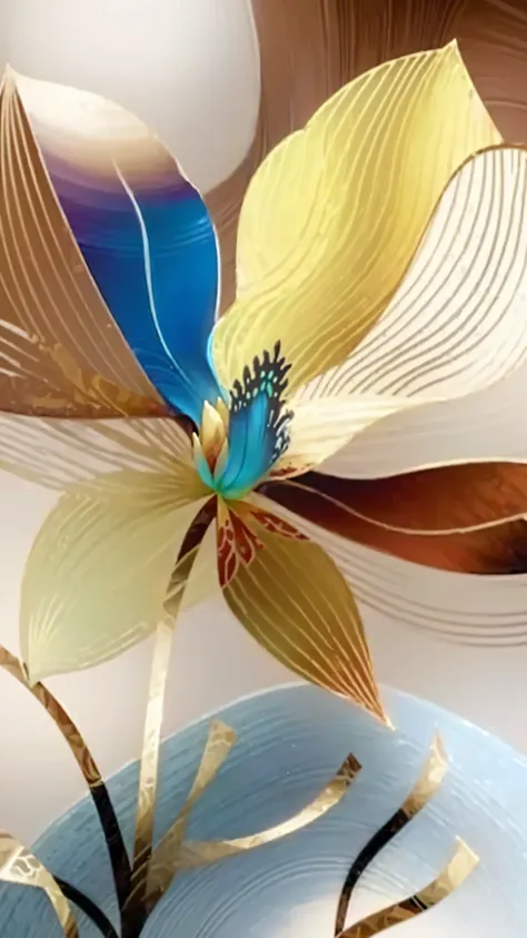 there is a painting of a flower that is in a vase, Orchid made of mother-of-pearl, layered paper art, arcane nair, interact with smooth flowing lines, metal orchid flower, Intricate 8K detail, 3d giant orchid flower, complex digital painting, depicting a f...