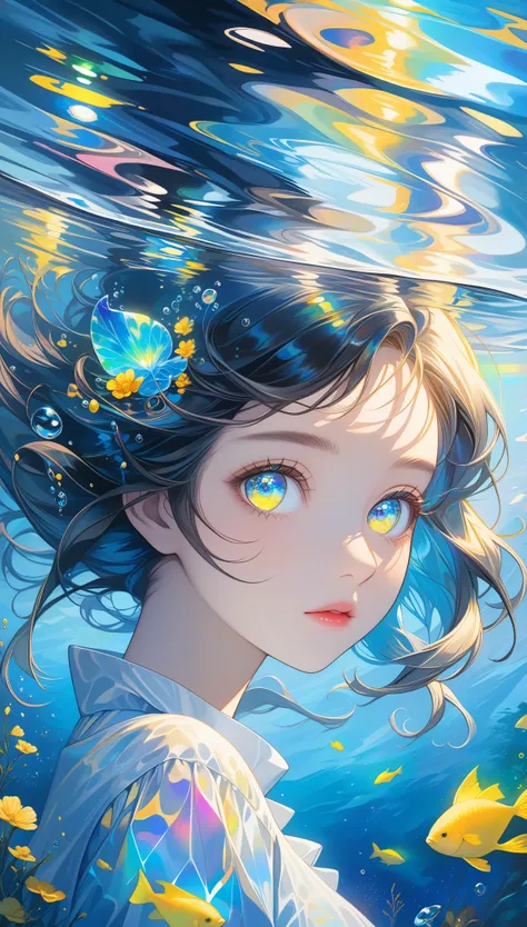 girl swims underwater,hyper detailed render style,glow,yellow,blue,brush,surreal oil painting,shiny eyes,head closeup,exaggerate...