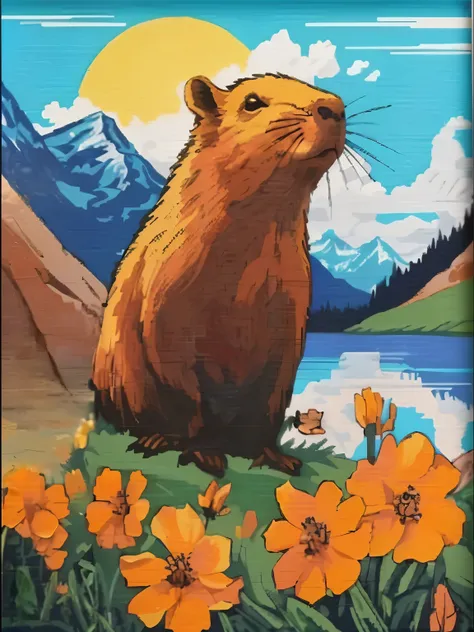 a close up of a painting of a beaver in a field of flowers, whimsical beaver, Inspired by Theodore Philipson, anthropomorphic beaver, Gophers, 高度detailed vectorart, beaver, capybara, Inspired by Marten Post, 巨型乍得capybara, 4 0 9 6, Inspired by Emil Bernard,...