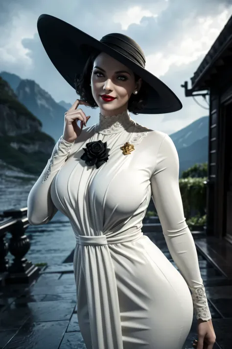 resident evil 8,madame dumitrescu,short hair,pure white skin,golden eyes,tall,white long dress,black hat, black rose brooch,phot...