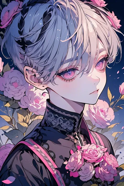 (Mastepiece), (Best Quality), Very detailed, 1 boy, Solo Shooting, Perfect Face, Beautiful Face, Very detailedな顔，(Gray Hair:1.3)，(short hair:1.4)、(Big eyes:1.4)，(Long eyelashes:1.4)、(Pink Eyes:1.3)、Black clothes、Lots of flowers、petal