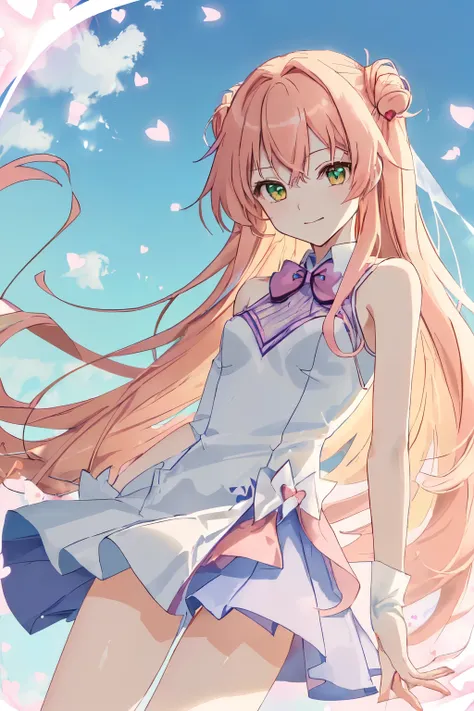 1_girl, (anime, kawai:2), (masterpeice, best_quality, clean:1.5), (sky_background:1.2), (cute, cute_smile, young:1.5), (delicate, extremely_delicate, beautiful, thin:1.5), (girlfriend, angel:1.8), (green_eyes, simple_eyes:1.8) (long_hair, blond_hair, weari...