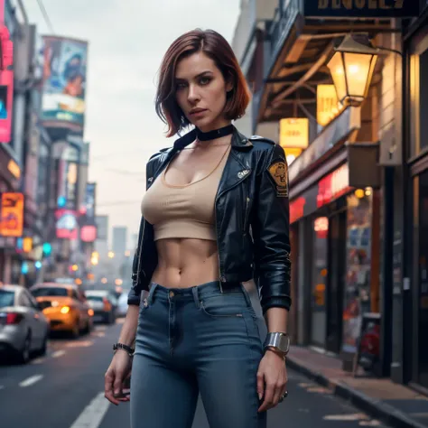 Same woman, fix eyes, bigger pants bulge, perfect eyes, (masterpiece), (best quality), perfect lighting, sharp focus, 1girl, one woman, solo, best quality, award-winning photo, attractive, dynamic action scene, intimidating pose standing next to car, cyber...