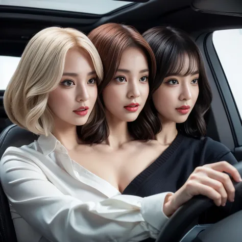 Best resolution, 2heads, korean woman with three heads, lipstick, different faces, driving car