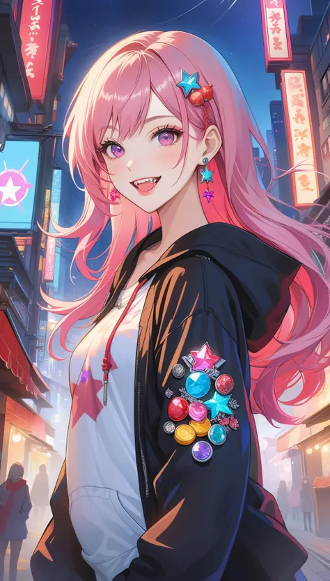 (masterpiece:1.2),Highest quality,PIXIV,Rebellious girl,One girl,Open your mouth,sharp,sharp,teeth,Long Hair,Street background,gem,badge,Bad,Food,Pink Eyes,Earrings,Jack,et eyelash,Food Characters,star (symbol colzel),in color,Stickers,upper clothes hoodie...