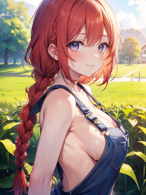 ((Highest quality, High resolution,  Perfect Pixel,  4K)),  (Beautiful Anime Girls), Depth of written boundary、
looking at viewer, 

Baby Face、Detailed eyes、Round face、he is short、
 
(Redhead、Braid:1.3)、(Big Breasts:1.3)、

1girl, (naked on overalls:1.3), 
...