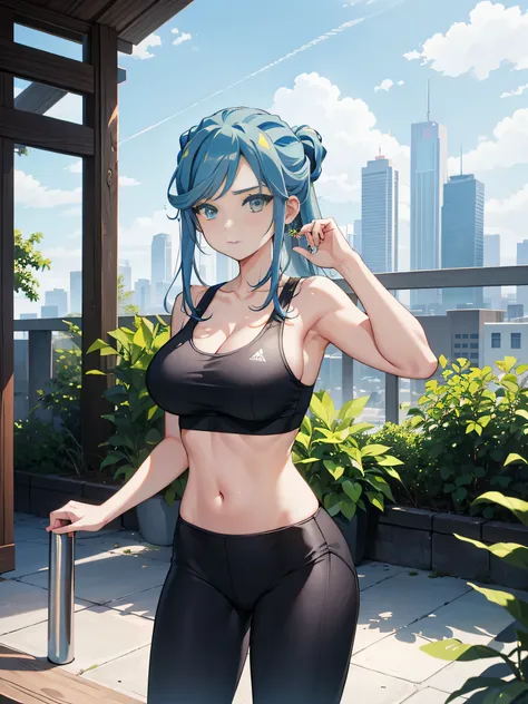 masterpiece、Highest quality、High resolution、Gym、グルーシャ as a woman、solo、1 female、Big Breasts、A woman with very large breasts、Her hairstyle is long、Light blue, Half Up, There is a green gradient.、Black sports bra、Black yoga pants、sports bra with an black、yoga...