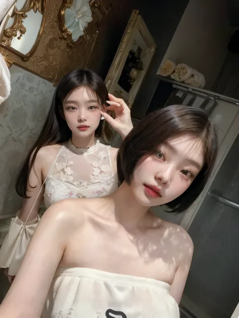 there are two women that are standing in a bathroom, with short hair, ulzzang, the hime cut, 8k selfie photograph, white hime cut hairstyle, sakimichan, 2263539546], with same hairstyle, korean girl, 165 cm tall, short straight hair