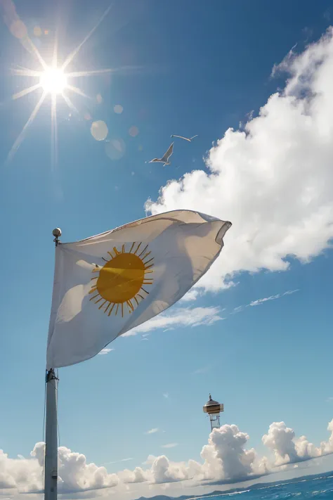 The flag has a blue background with a yellow sun in the center, which symbolizes energy and life.
In the middle of the sun there is a white dove that represents peace and harmony..