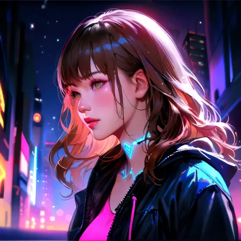 (masterpiece), Highest quality, 超High resolution, Young people, Cyberpunk 1: Man flying over a beautiful cityscape ,The light on the clothes came on, Have a tattoo on your neck, Techwear Hoodie, Brown Hair, Neon colorの流れ星, Wavy Hair, Cropped shoulders, Neo...