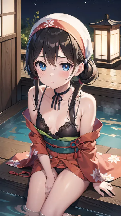 pokemonmay, pokemonmay, blue eyes, brown hair, bandana, long hair,bandana, twintails, hair between eyes, (small breasts:1.2),
BREAK japanese clothes,kimono,wet kimano, yukata,cleavege,neckline,black choker,
BREAK looking at viewer, 
BREAK outdoors, onsen,n...