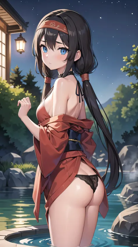 pokemonmay, pokemonmay, blue eyes, brown hair, bandana, long hair,bandana, twintails, hair between eyes, (small breasts:1.2),
BREAK japanese clothes,kimono,wet kimano, yukata,cleavege,neckline,black choker,
BREAK looking at viewer, 
BREAK outdoors, onsen,n...