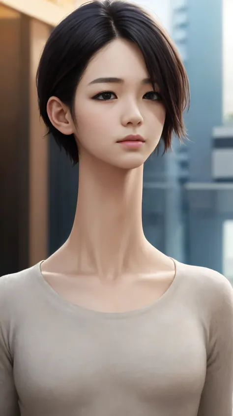 (ultra realistic, highly detailed:1.4), best quality, androgynous korean boy, hair covering one eye, (longneck:1.3)