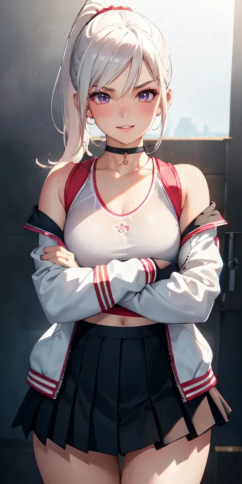 realistic, 1girl, ponytail, parted lips, blush, makeup, light smile, white hair, sportswear, skirt, wet clothes, glow, thighs, purple eye, bare shoulders, collarbone, narrow waist, sunbeam, sunlight, rose, wind, cleavage, (masterpiece), sweat, (best qualit...