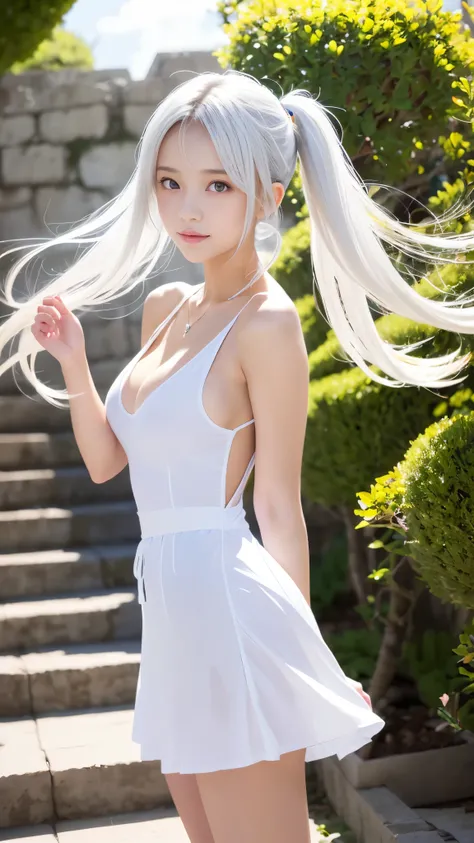 Some women have long white hair, A simple, thin one-piece dress worn by a beautiful girl, With slit, (Her skin is visible through her dress), Real life anime girls, 15 years old, Baby Face, Small and slender figure, Perfect white hair girl, Anime Girl Cosp...