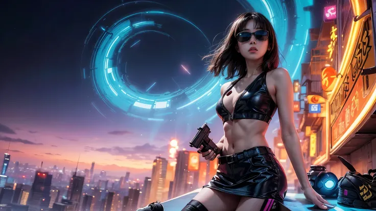 8k, Realistic Skin Texture, Realistic Photo, Neo Tokyo, slim women, large-breast:1.3 cleavage:1.2, AD2050 at night, Dirty hunting jacket, Wearing tube top, miniskirt, (((black sunglasses, automatic rifle, sneakers, cold, shooting pose, very low angle view)...