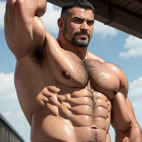 (best quality,4k,8k,highres,masterpiece:1.2), (Japanese:1.1), crew cut, macho, huge body, 46 years old, topless, wet body, close-up bust, (The skin is clearly transparent:1.1), hairy body, armpits