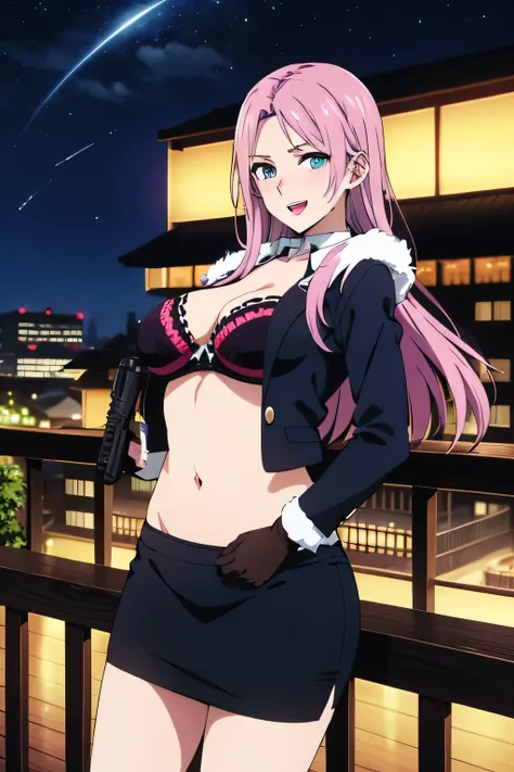 elise, mature woman, 25 yo, anime cels style,  1girl, beautiful face, long hair, blush, lipstick, outdoors, rooftop, cityscape, building, railing, night, night sky, scenery, city lights, Fur trim, mature female, gloves, fur-trimmed coat, masterpiece, best ...