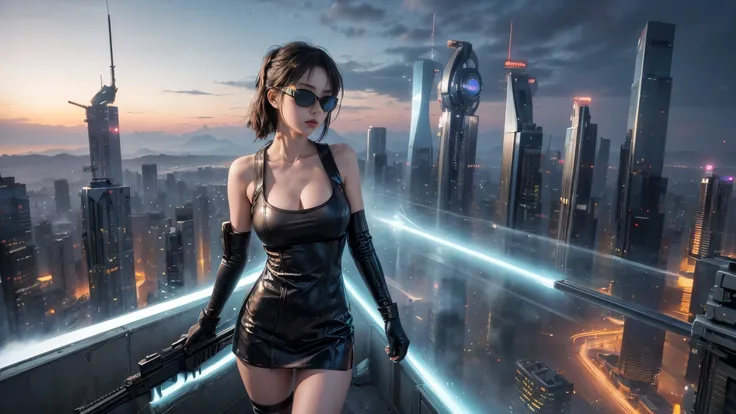 8k, Realistic Skin Texture, Realistic Photo, Neo Tokyo, slim women, large-breast:1.3 cleavage:1.2, AD2050 at night, Dirty hunting jacket, Wearing tube top, miniskirt, (((black sunglasses, automatic rifle, sneakers, cold, shooting pose, very low angle view)...