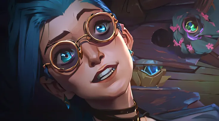 a close-up of a blue-eyed girl wearing glasses and a necklace, Jinx face, kda, portrait of Jinx from arcane, Jinx expression, arcane Jinx, from the league of legends, steel farm, Jinx from the league of legends, Lúcio as a woman, league of legends characte...