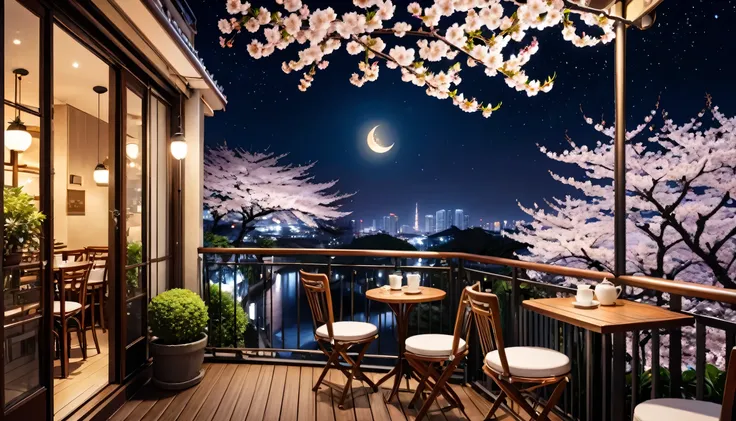 Tokyo at night, balcony of a cafe with a calm atmosphere, night view, night cherry blossoms, crescent moon and shining stars, chairs and tables, ornamental plants,