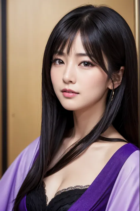 (8K,Photorealistic　to be born写真　Highest quality;1.4) Mature Woman,so beautiful(A vivid face) ,(Long black hair),清楚なQueen,Gorgeous black and purple Japanese woman&#39;Traditional costume,Engage your audience,Beautiful expression,Moist black eyes,Queenのメイクアッ...